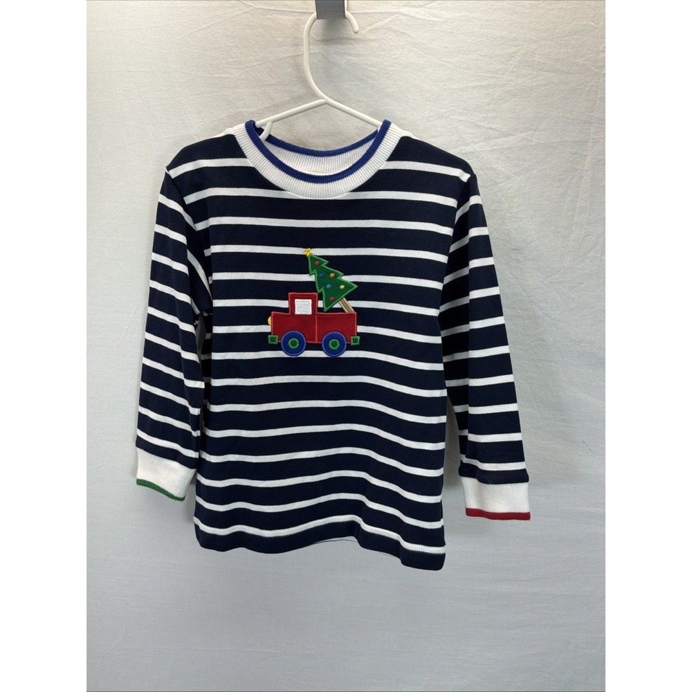 Boys Florence Eiseman L Sleeve Sweater Shirt 4 Blue Christmas Truck Stripe Mesh